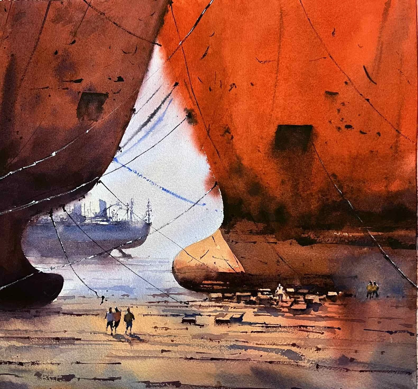 Ship Breaking Yard I — watercolour on paper by Jahidul Islam