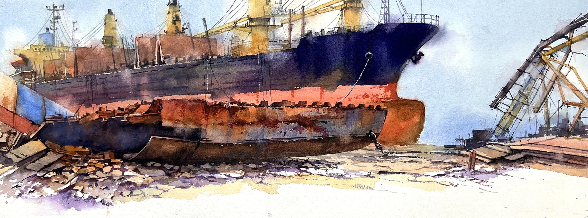 Ship Breaking Yard III, watercolour on paper by Jahidul Islam
